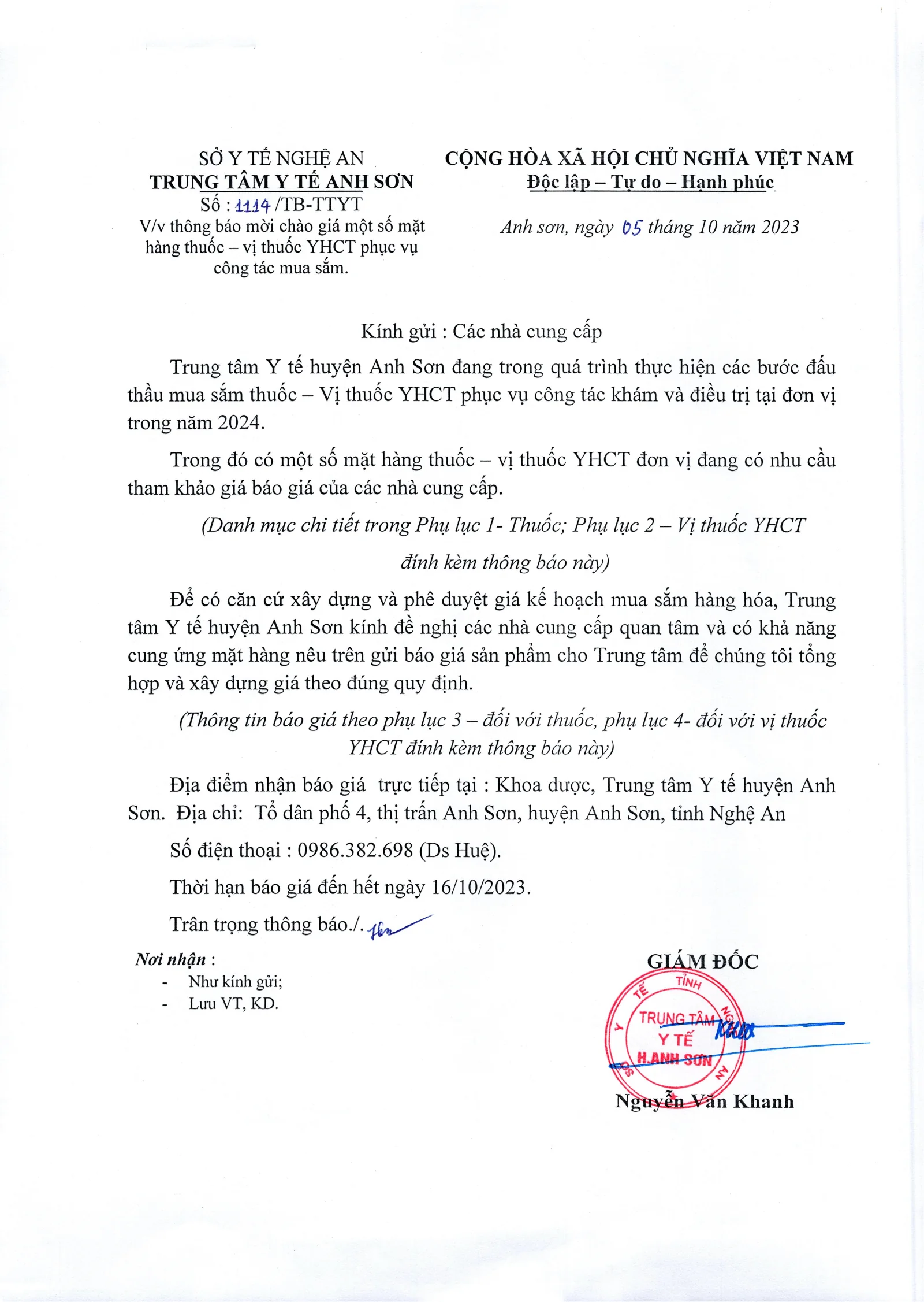 Trang 1 – Thông báo mời chào giá thuốc, vị thuốc