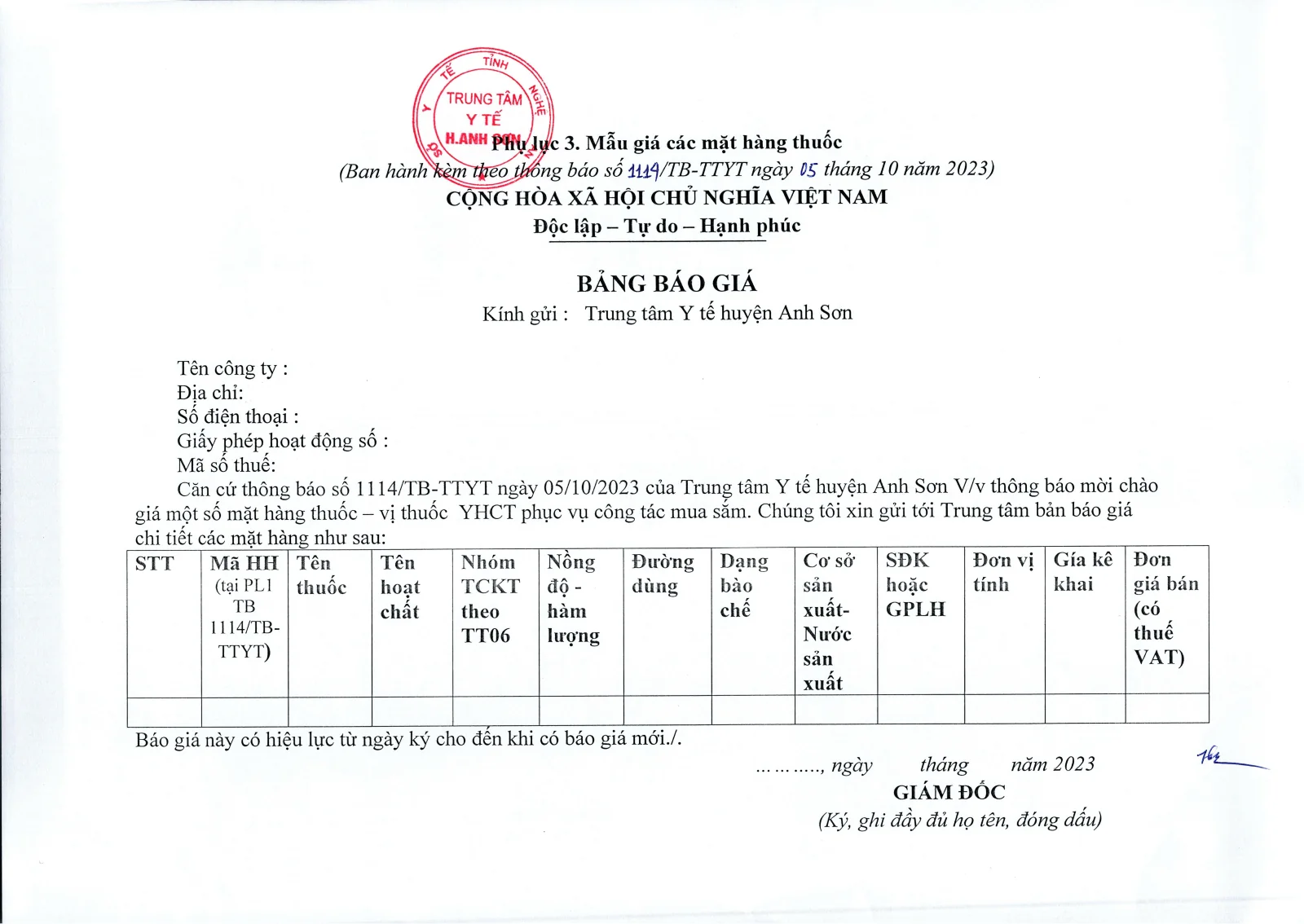Trang 30 – Thông báo mời chào giá thuốc, vị thuốc