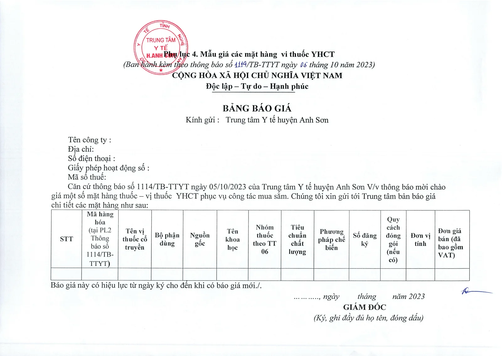 Trang 31 – Thông báo mời chào giá thuốc, vị thuốc