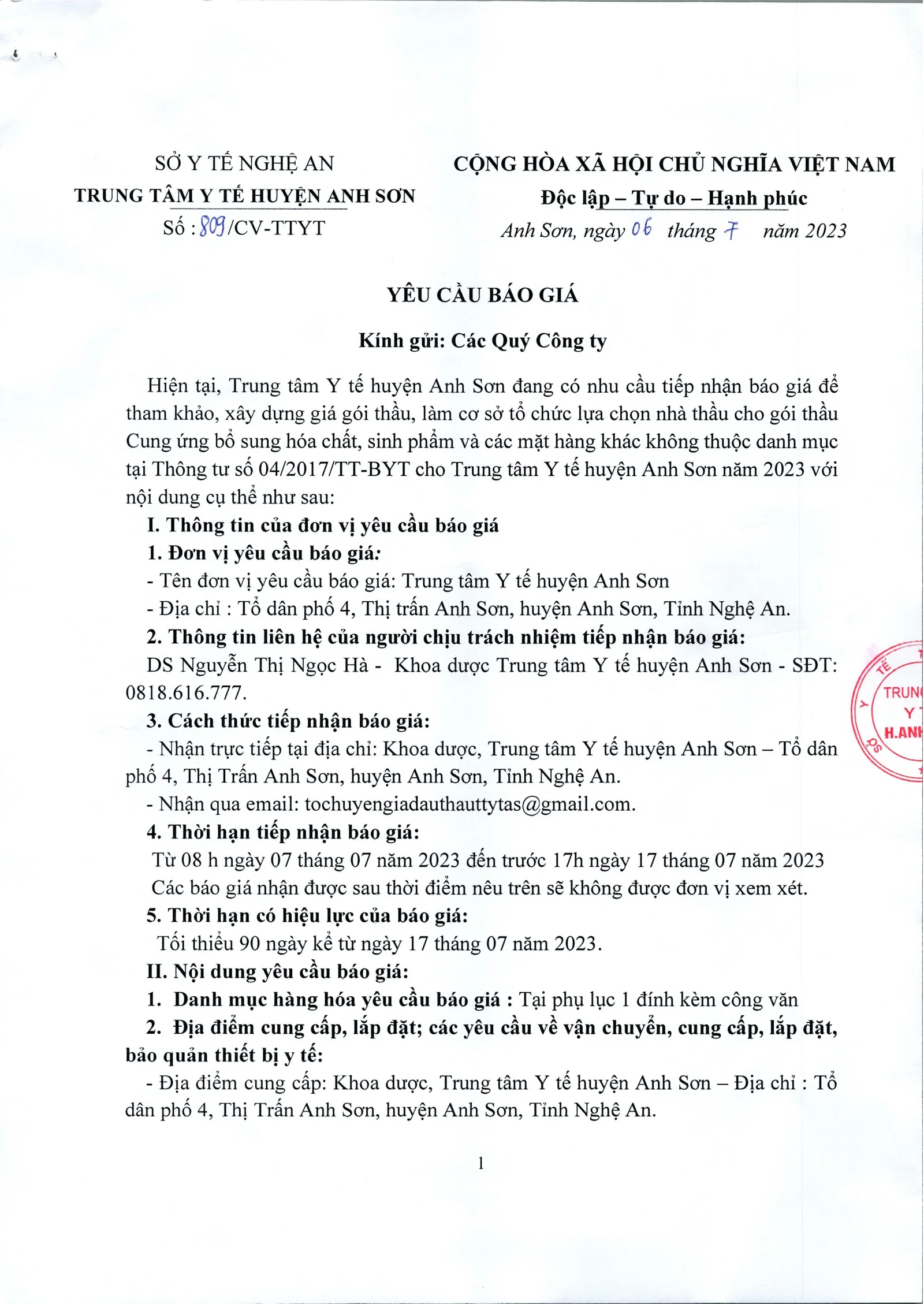 Trang 1 – Thông báo mời chào giá