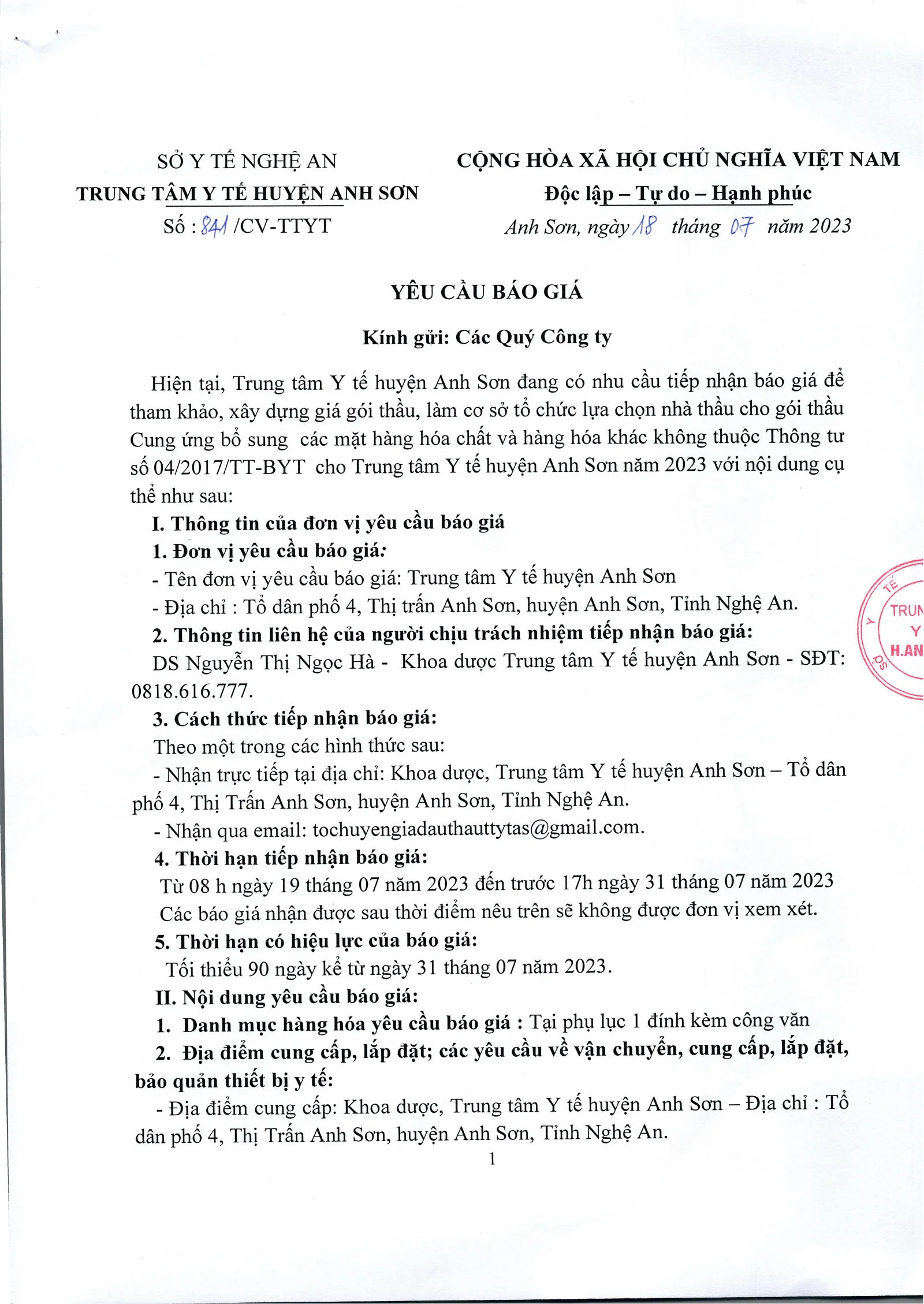 Trang 1 – Thông báo mời chào giá lần 2