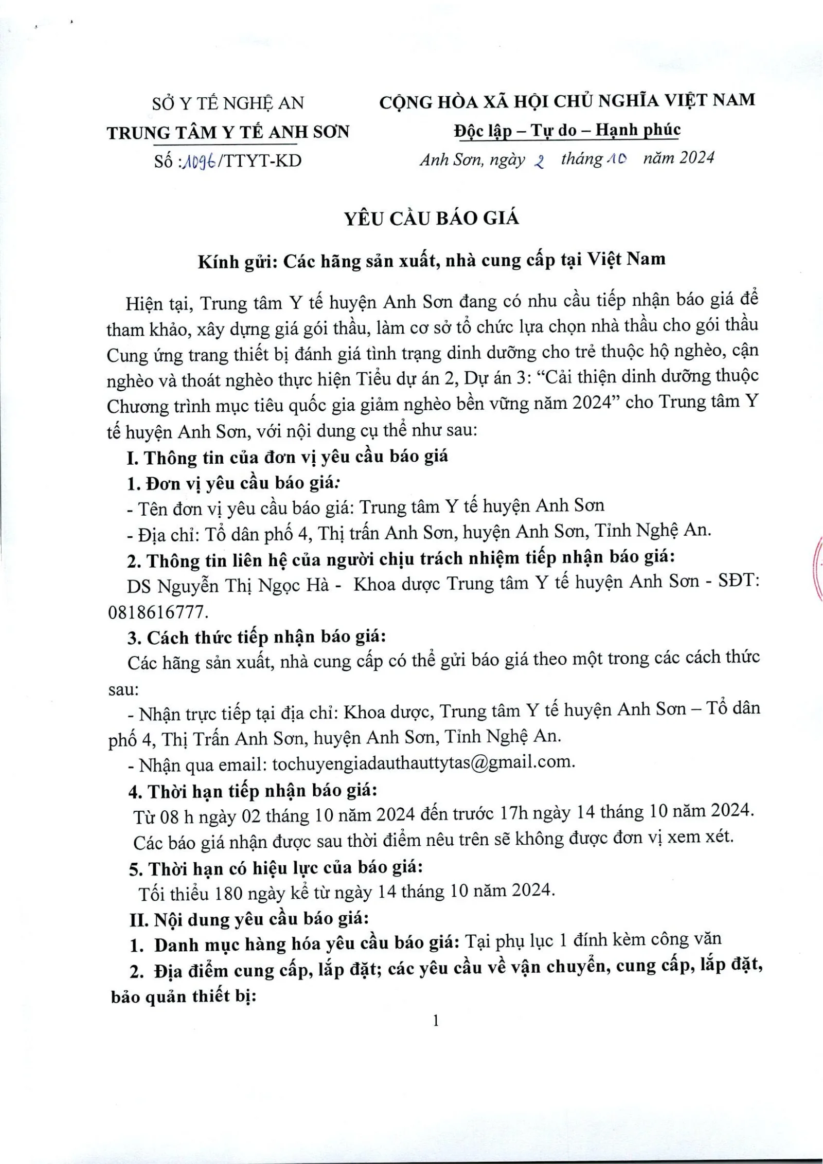 Trang 1 – Yêu cầu báo giá cân và thước