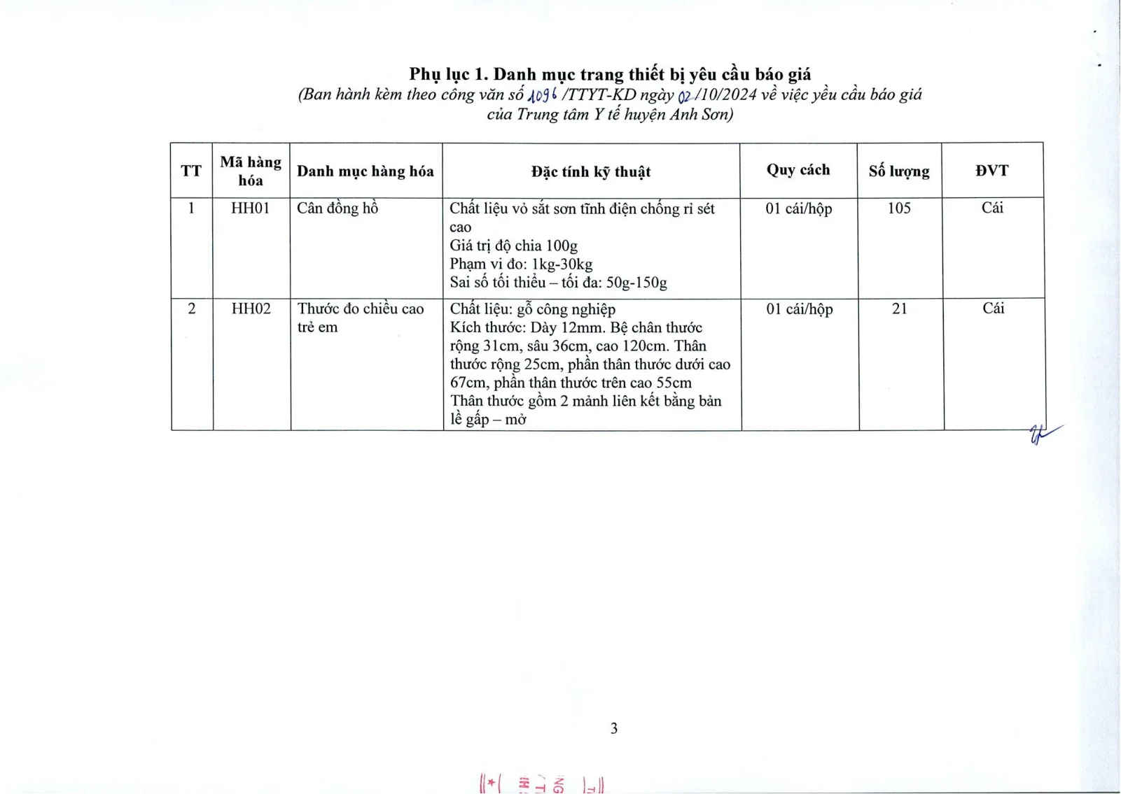 Trang 3 – Yêu cầu báo giá cân và thước