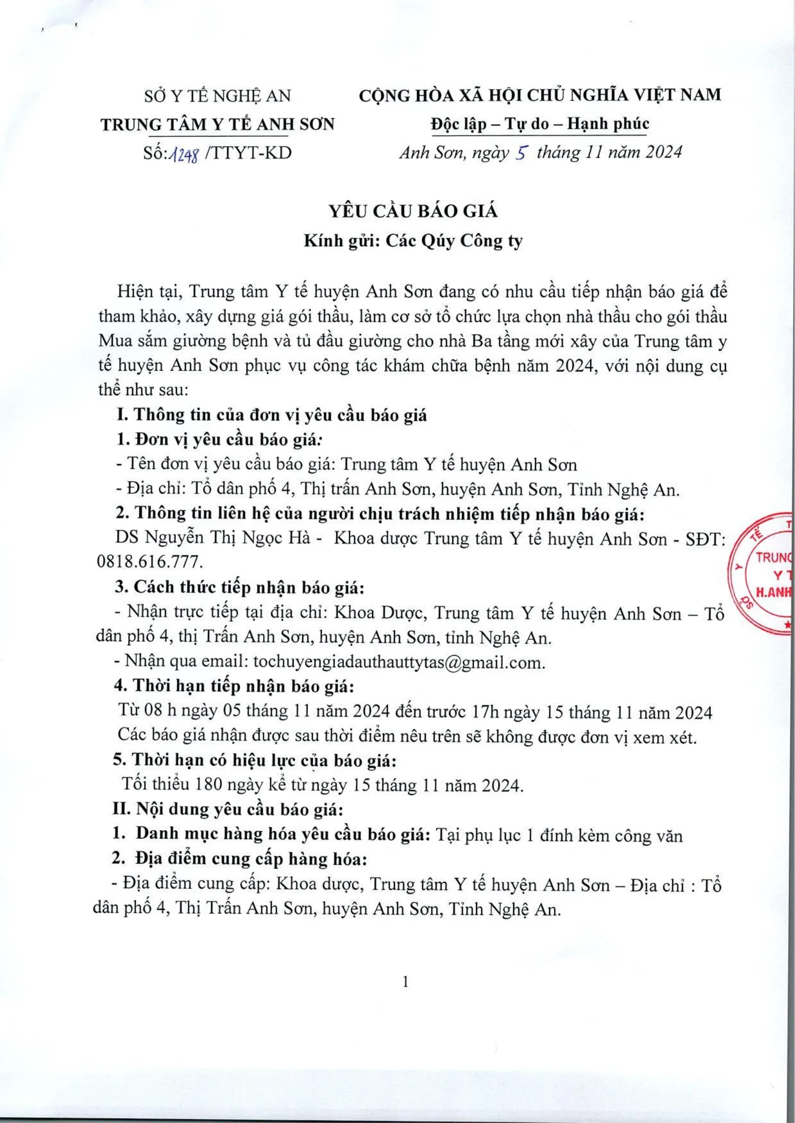 Trang 1 – Yêu cầu báo giá giường và tủ đầu giường