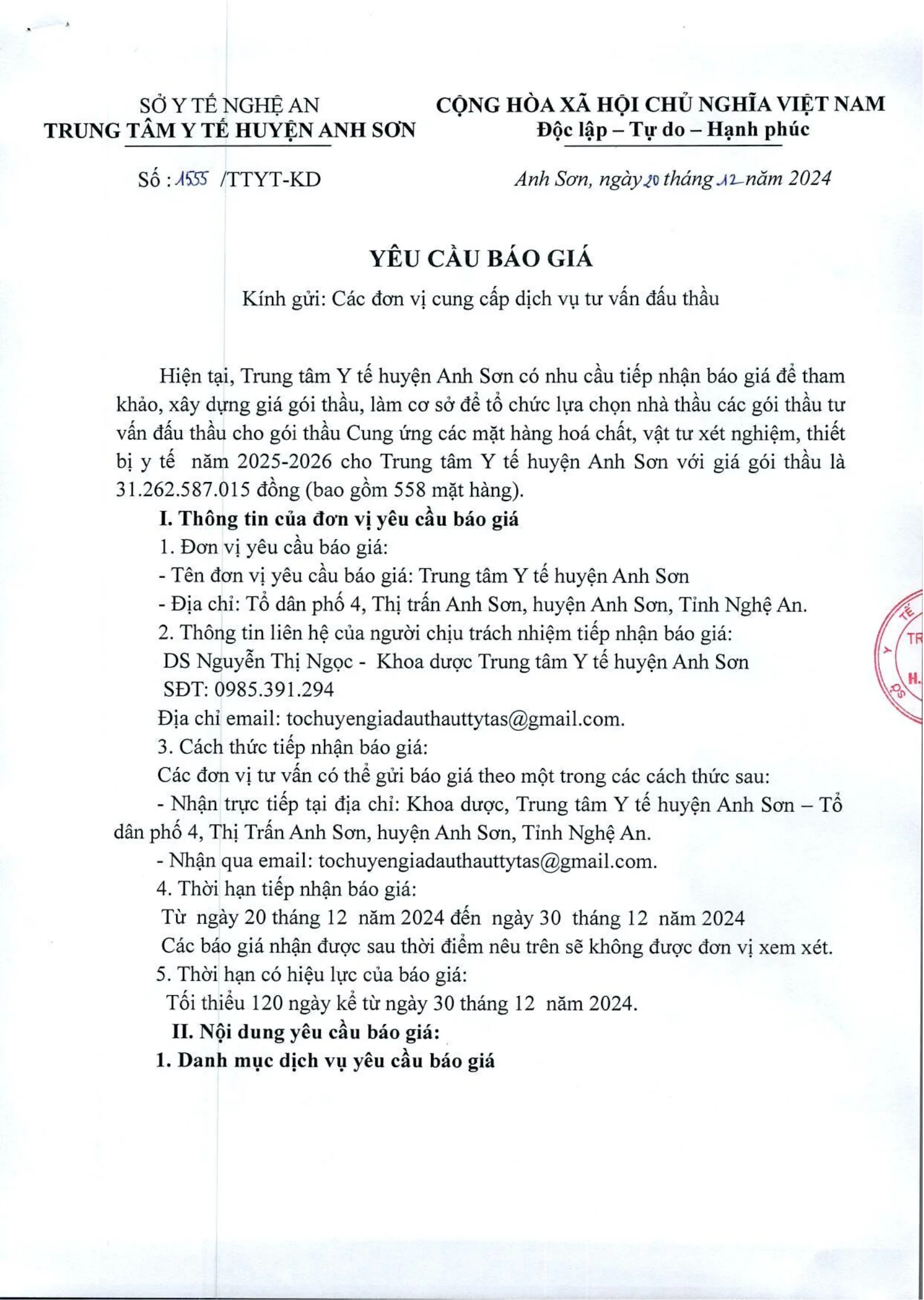 Trang 1 – Yêu cầu báo giá các gói thầu tư vấn