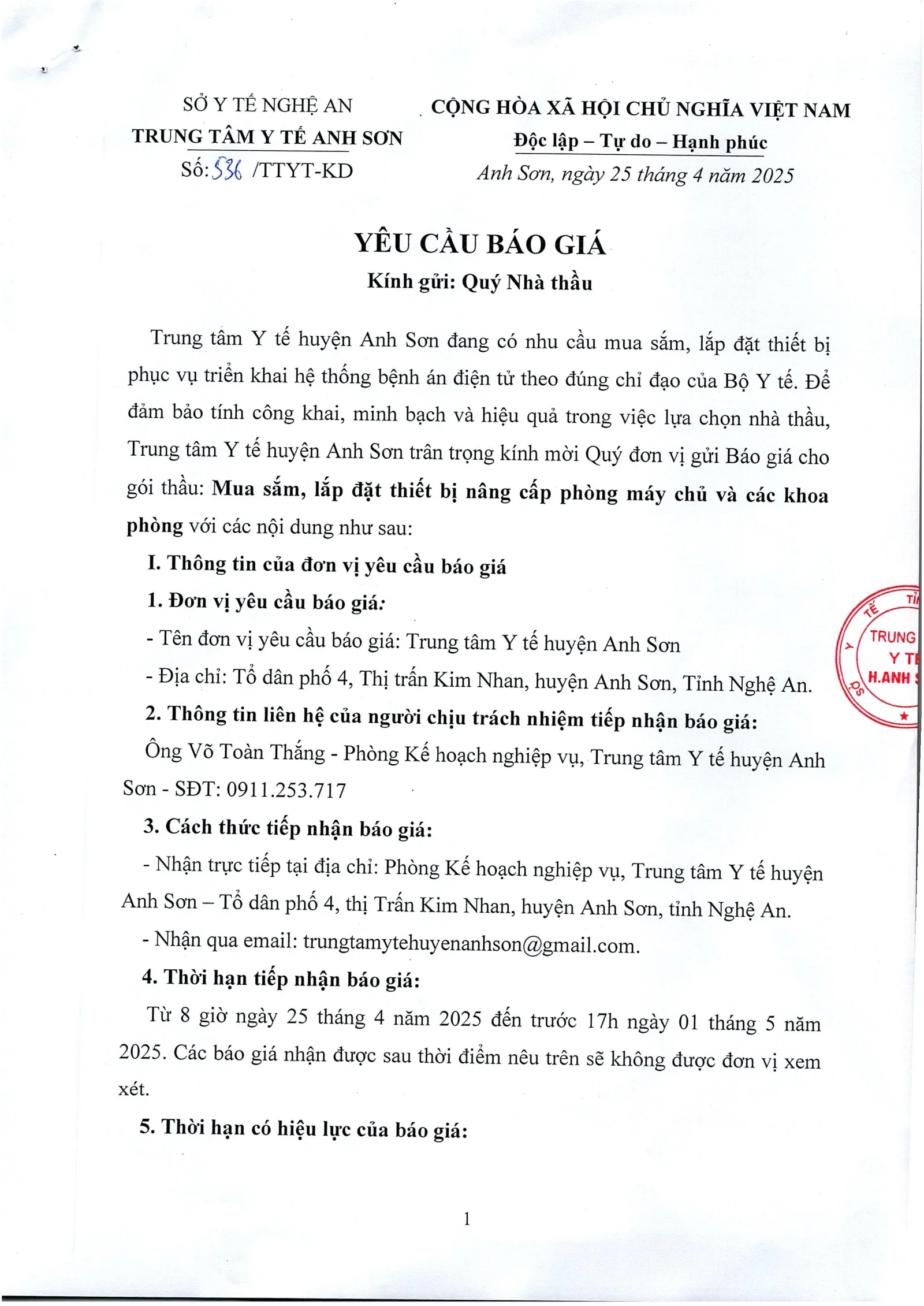 Trang 1 – Yêu cầu báo giá