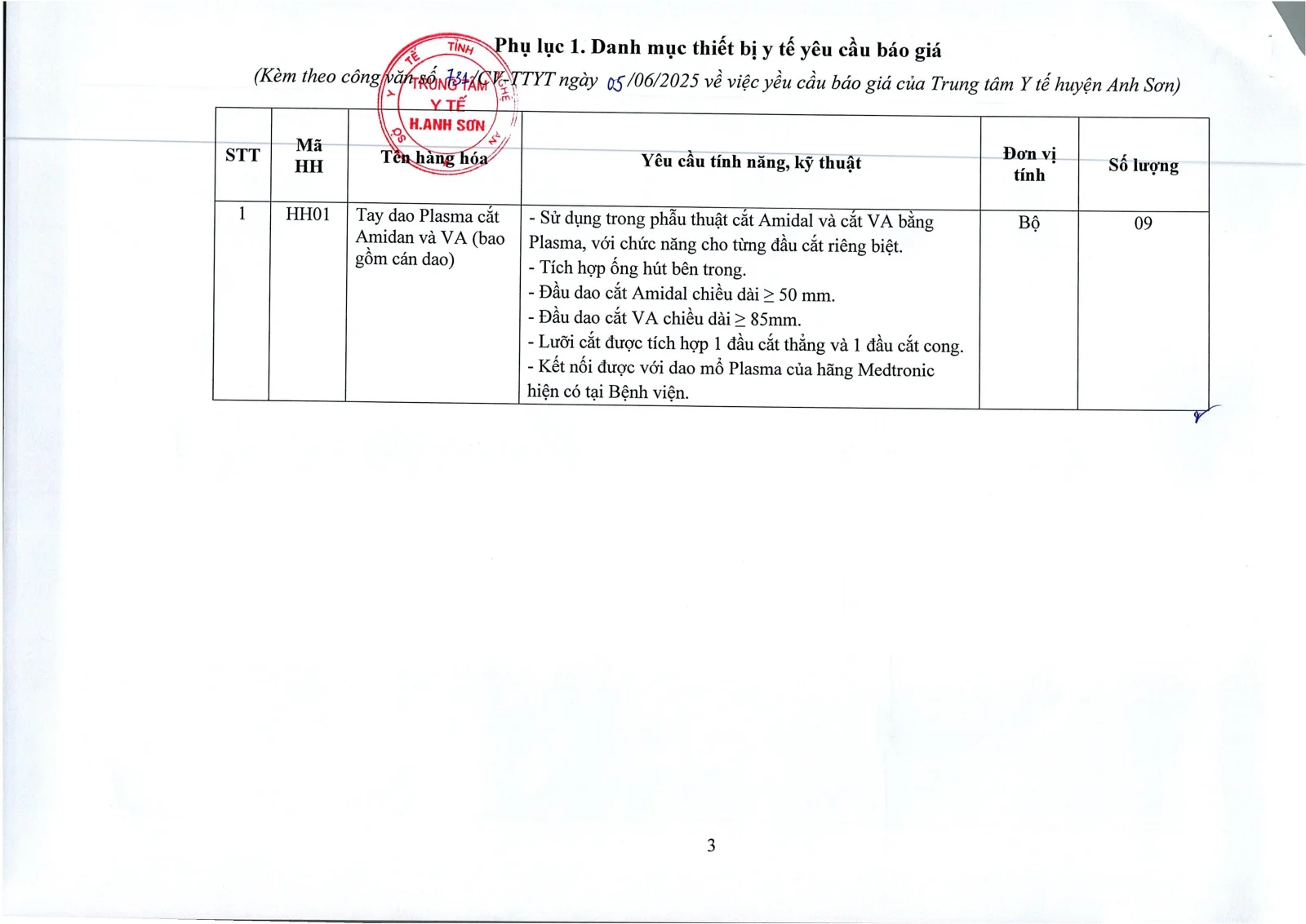 Trang 3 – Yêu cầu báo giá tay dao Plasma