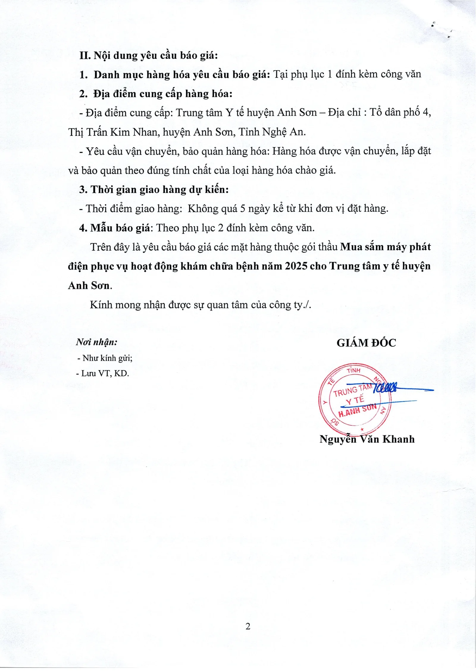 Trang 2 – Yêu cầu báo giá